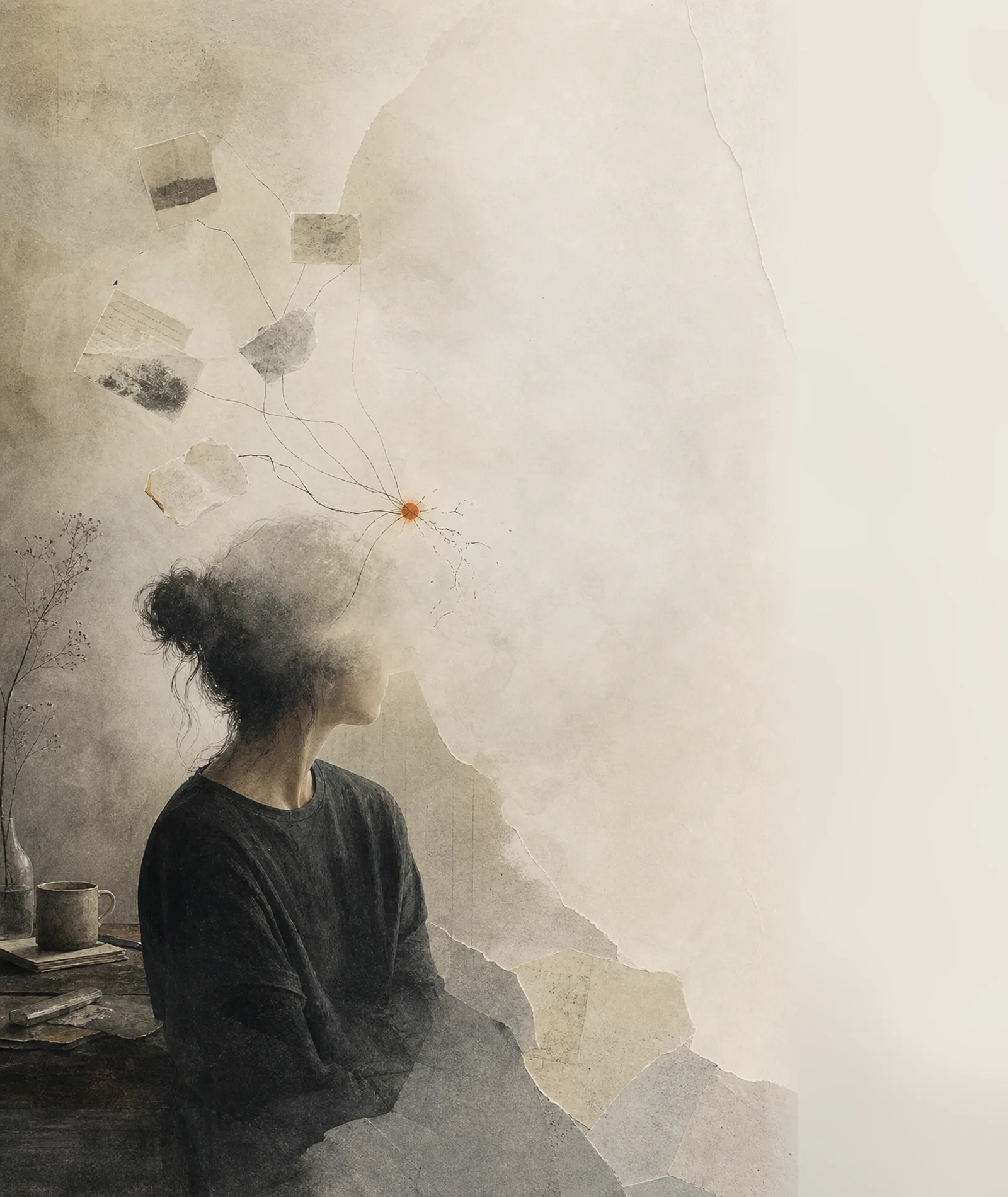 Collage of a seated woman with a paper silhouette and connected notes around her head